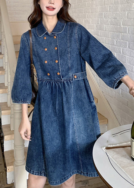 Women Navy Peter Pan Collar Wrinkled Patchwork Denim Long A Line Dress Spring RP013 ABC