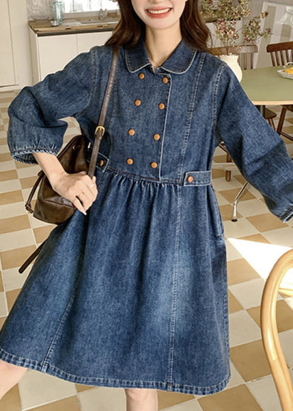 Women Navy Peter Pan Collar Wrinkled Patchwork Denim Long A Line Dress Spring RP013 ABC
