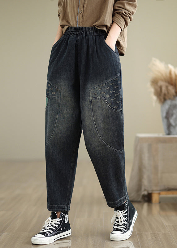 Women Navy Pockets Elastic Waist Denim Pants Fall QO053 OM-ZS241008