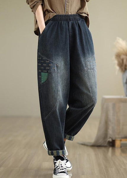 Women Navy Pockets Elastic Waist Denim Pants Fall QO053 OM-ZS241008