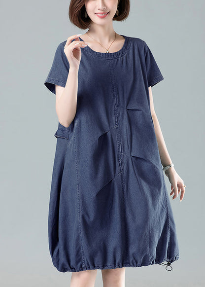 Women Navy Ruffled Drawstring Denim Dresses Summer MN065 MMDM-SDM240704