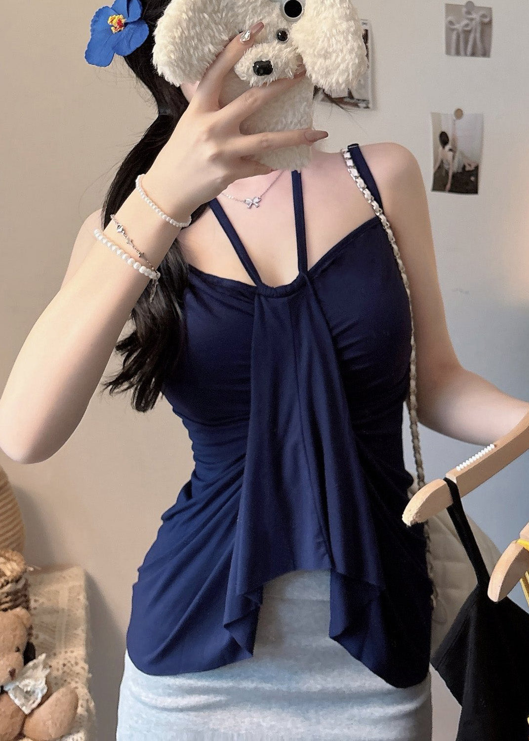 Women Summer Navy Cotton Beach Fit Vest Silm FashionChic