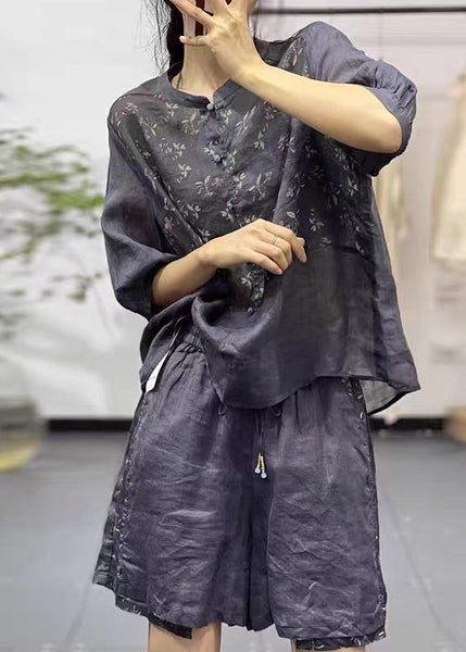 Women Navy Stand Collar Print Cotton 2 Piece Outfit Summer QK011 BB-TPIEC241022