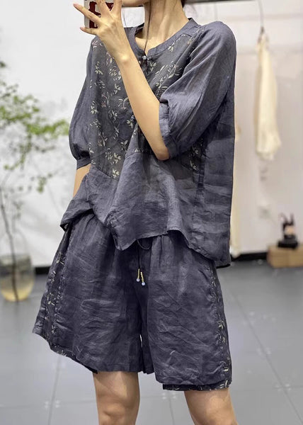 Women Navy Stand Collar Print Cotton 2 Piece Outfit Summer QK011 BB-TPIEC241022