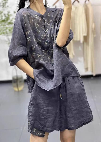 Women Navy Stand Collar Print Cotton 2 Piece Outfit Summer QK011 BB-TPIEC241022