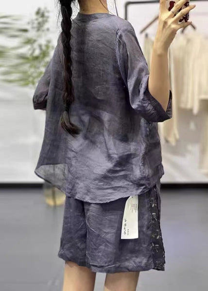 Women Navy Stand Collar Print Cotton 2 Piece Outfit Summer QK011 BB-TPIEC241022