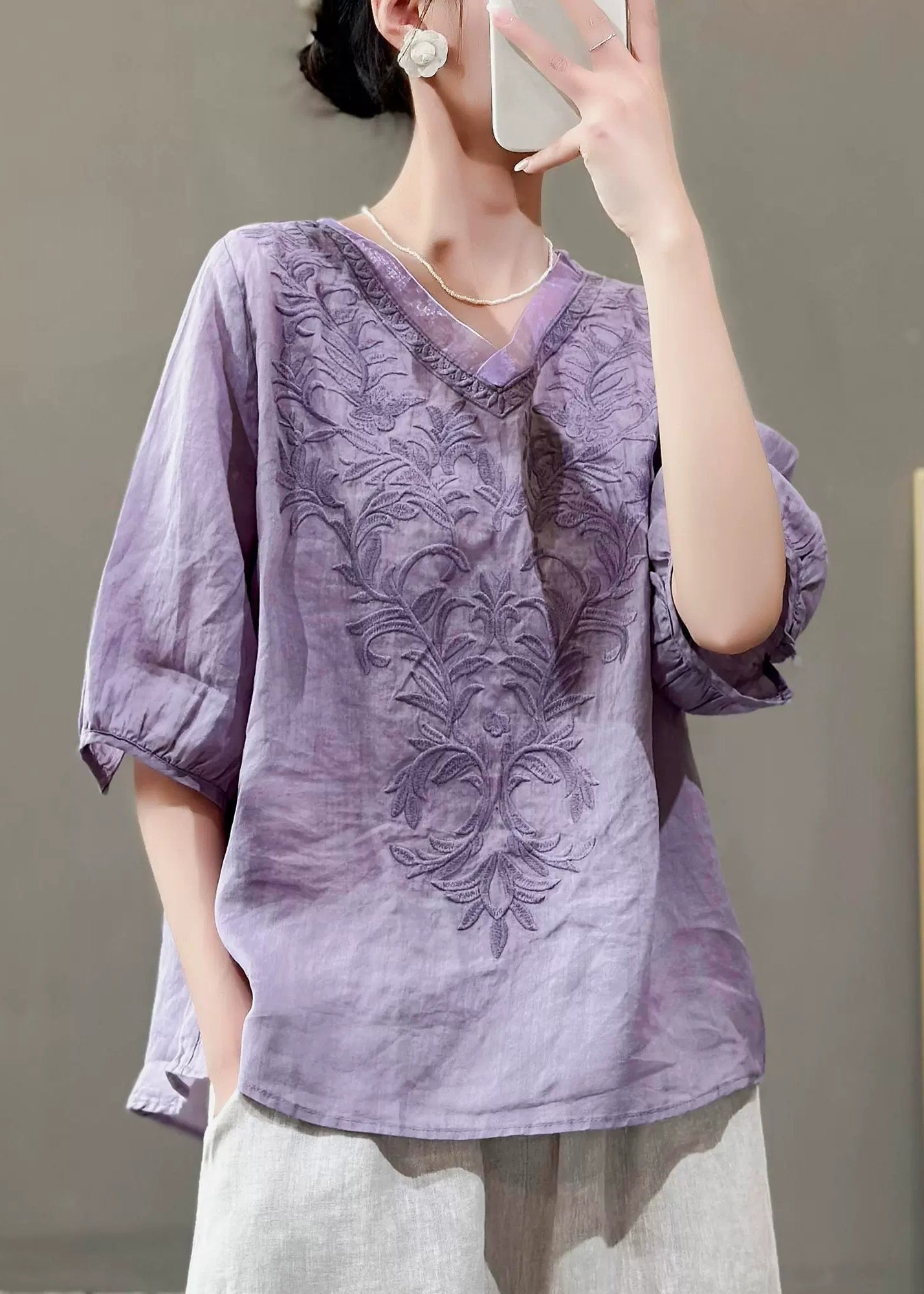 Women Nwe Purple V Neck Embroidered Linen Top Summer QK019 BB-STP241022