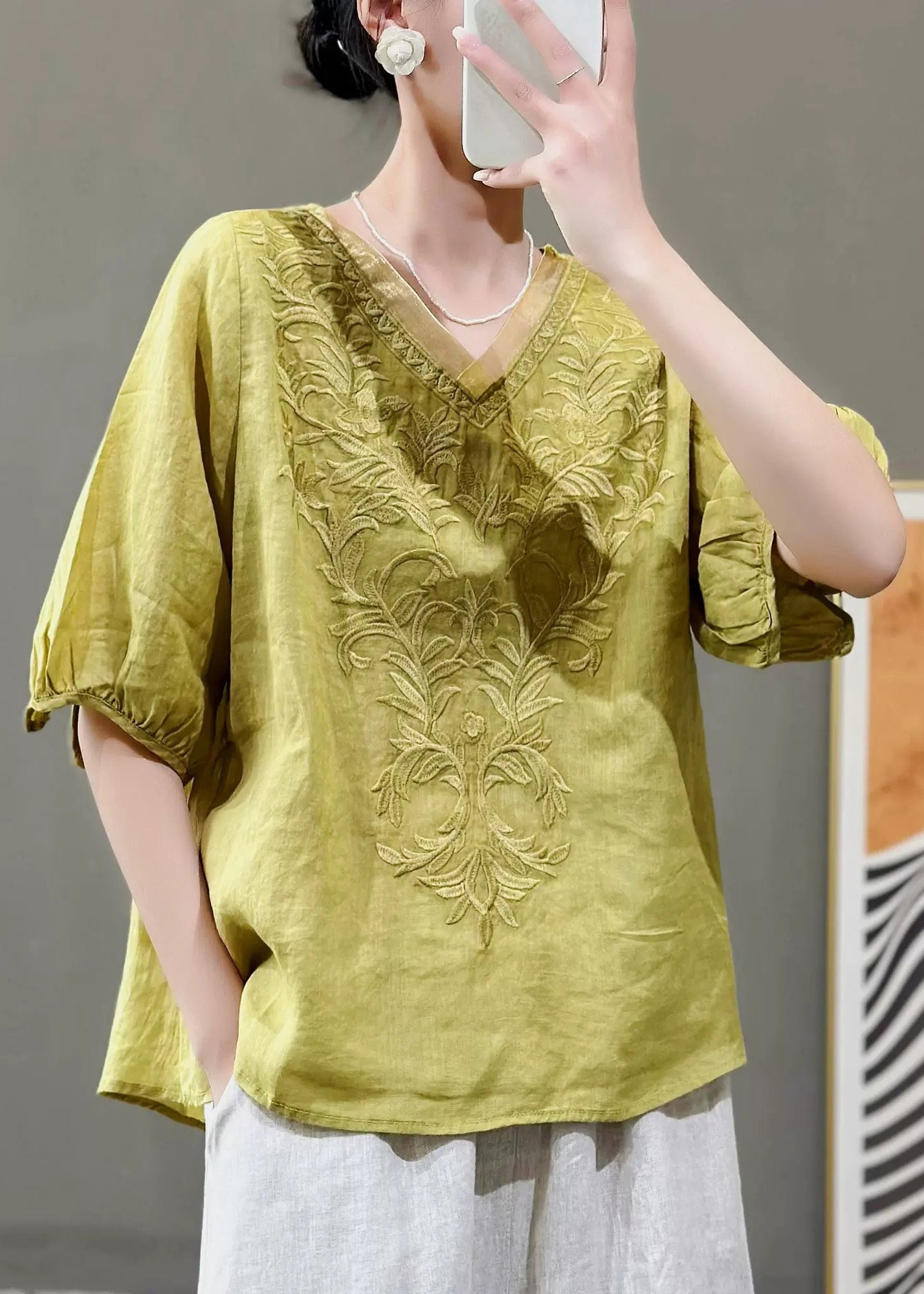 Women Nwe Purple V Neck Embroidered Linen Top Summer QK019 BB-STP241022