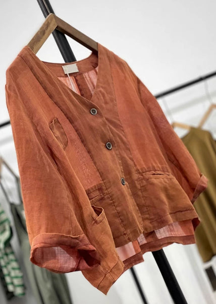 Women Orange Button Pockets Linen Cardigan Spring GG046 MZF-CDG240610