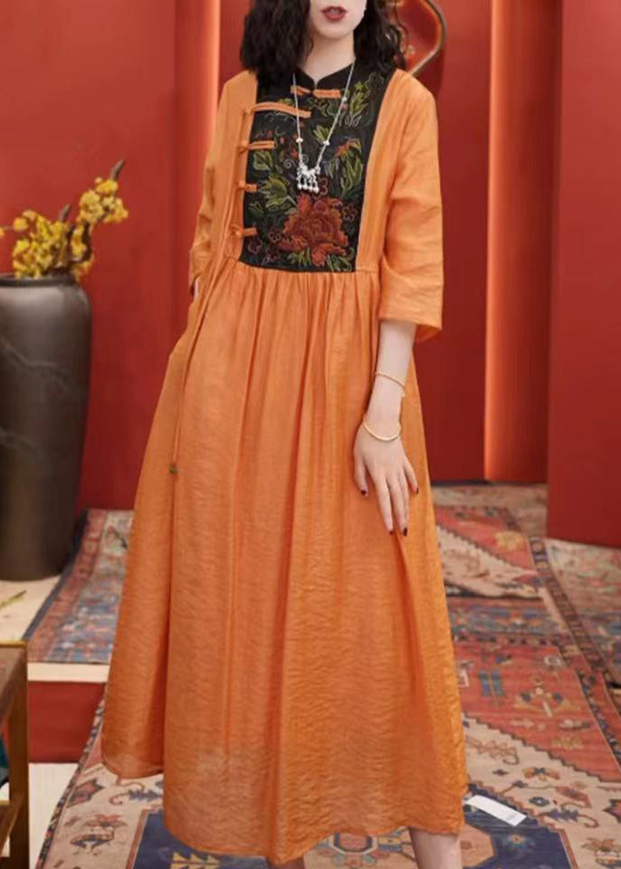 Women Orange Embroidered Button Cotton Dresses Half Sleeve AA1055 Ada Fashion