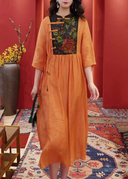 Women Orange Embroidered Button Cotton Dresses Half Sleeve AA1055 Ada Fashion