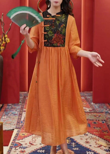 Women Orange Embroidered Button Cotton Dresses Half Sleeve AA1055 Ada Fashion