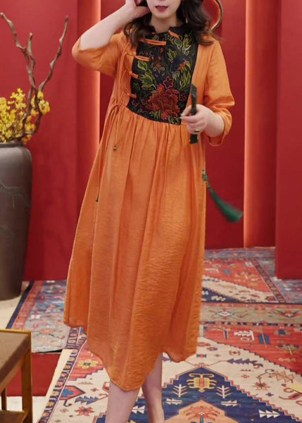 Women Orange Embroidered Button Cotton Dresses Half Sleeve AA1055 Ada Fashion