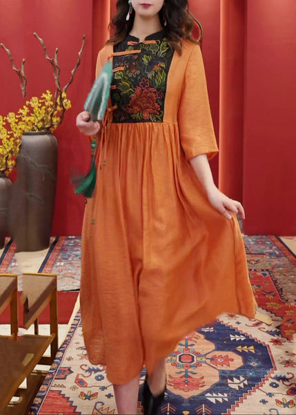 Women Orange Embroidered Button Cotton Dresses Half Sleeve AA1055 Ada Fashion