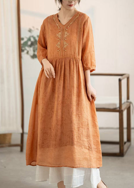 Women Summer Embroidered Orange Linen Patchwork Dresses FashionChic