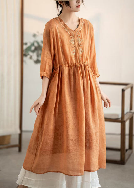 Women Summer Embroidered Orange Linen Patchwork Dresses FashionChic
