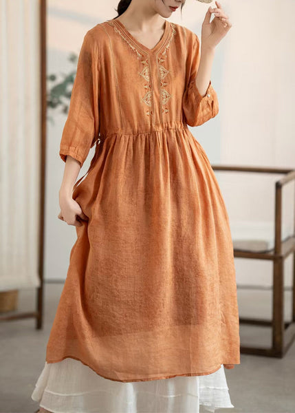 Women Summer Embroidered Orange Linen Patchwork Dresses FashionChic