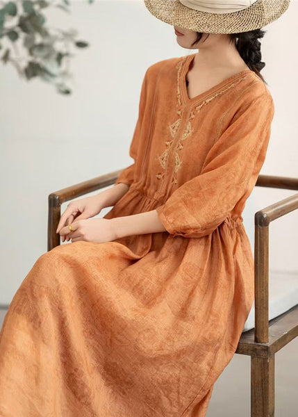 Women Summer Embroidered Orange Linen Patchwork Dresses FashionChic