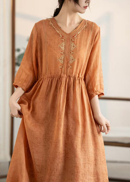 Women Summer Embroidered Orange Linen Patchwork Dresses FashionChic