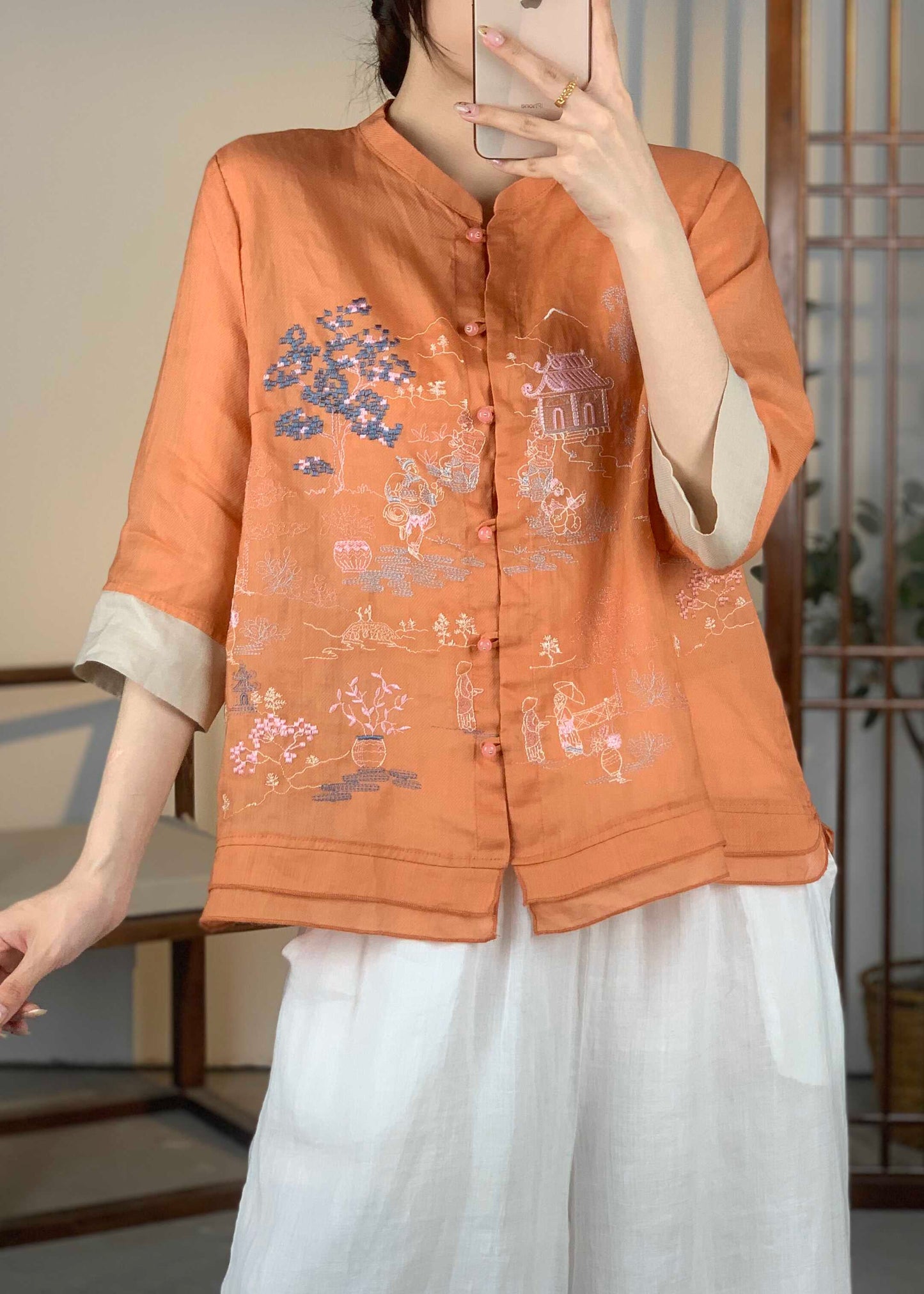 Women Orange Embroidered Patchwork Linen Shirt Bracelet Sleeve JH001 MMDM-HTP240717