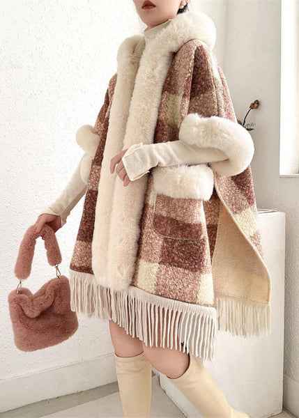 Women Orange Fur Collar Tasseled Warm Fleece Cape Coats Half Sleeve YW008 ABC