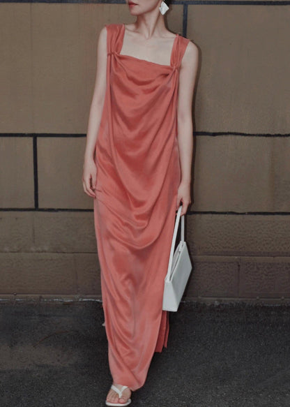 Orange Women Dresses Up Solid Sleeveless Lace Long Silk FashionChic