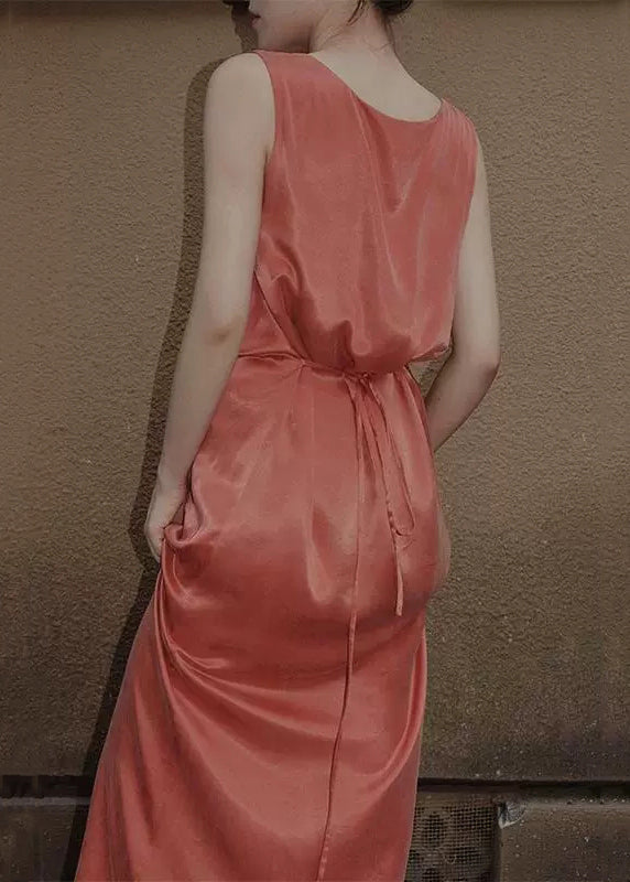 Orange Women Dresses Up Solid Sleeveless Lace Long Silk FashionChic