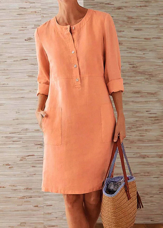 Women Orange O Neck Pockets Cotton Dress Fall QR004 BB-ZS-WM-FDM240929