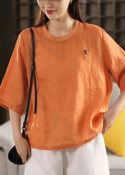 Shirts Women Orange O Solid Neck Linen Half Sleeve T FashionChic