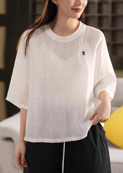 Shirts Women Orange O Solid Neck Linen Half Sleeve T FashionChic