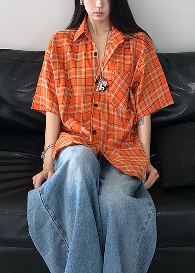 Top Orange Summer Plaid Women Oversized Cotton FashionChic