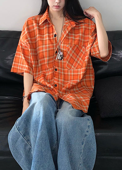 Top Orange Summer Plaid Women Oversized Cotton FashionChic