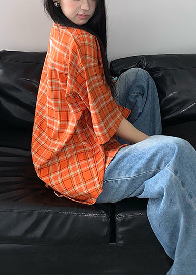 Top Orange Summer Plaid Women Oversized Cotton FashionChic