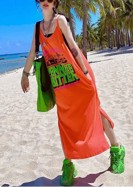 Orange Cotton Oversized Summer Women Print Vacation Sundresses FashionChic