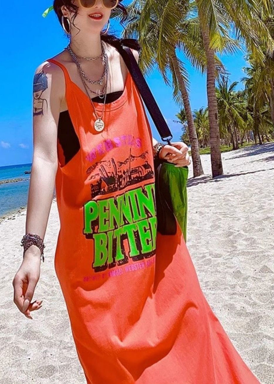 Orange Cotton Oversized Summer Women Print Vacation Sundresses FashionChic