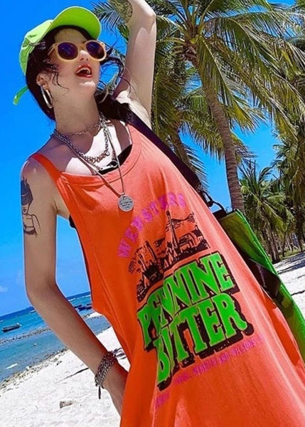 Orange Cotton Oversized Summer Women Print Vacation Sundresses FashionChic
