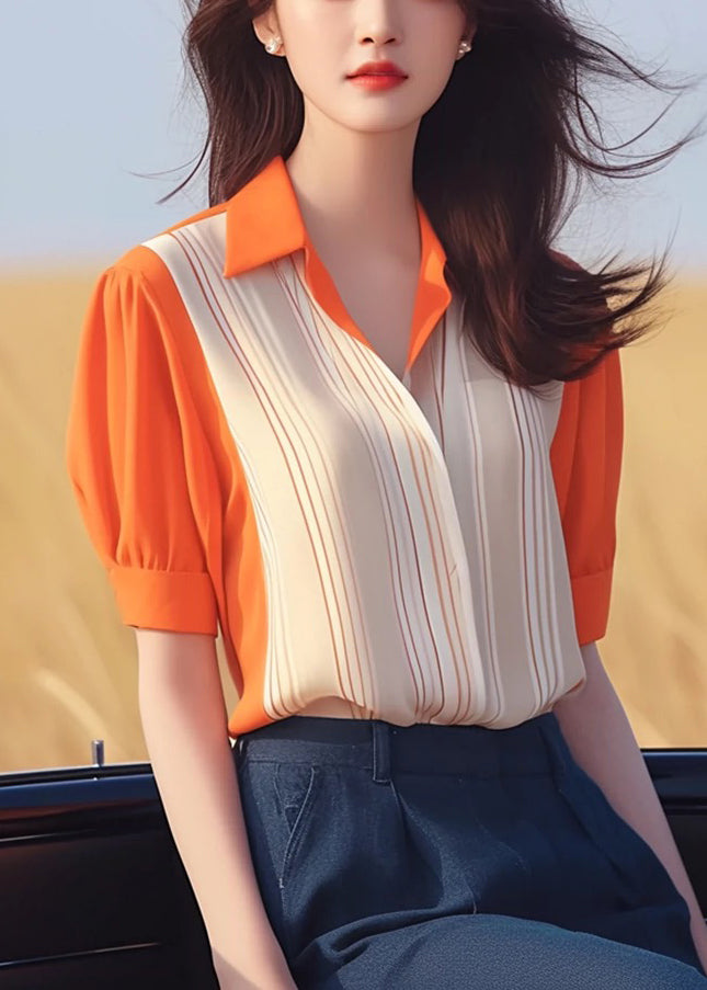 Women Orange Peter Pan Collar Patchwork Chiffon Shirt Summer KJ010 ZS-STP240715
