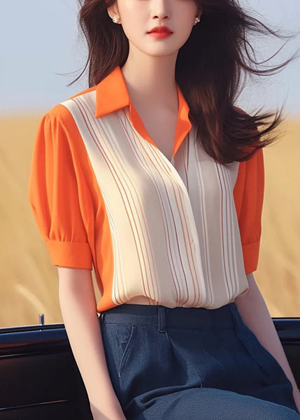 Women Orange Peter Pan Collar Patchwork Chiffon Shirt Summer KJ010 ZS-STP240715