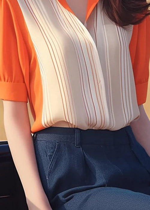Women Orange Peter Pan Collar Patchwork Chiffon Shirt Summer KJ010 ZS-STP240715
