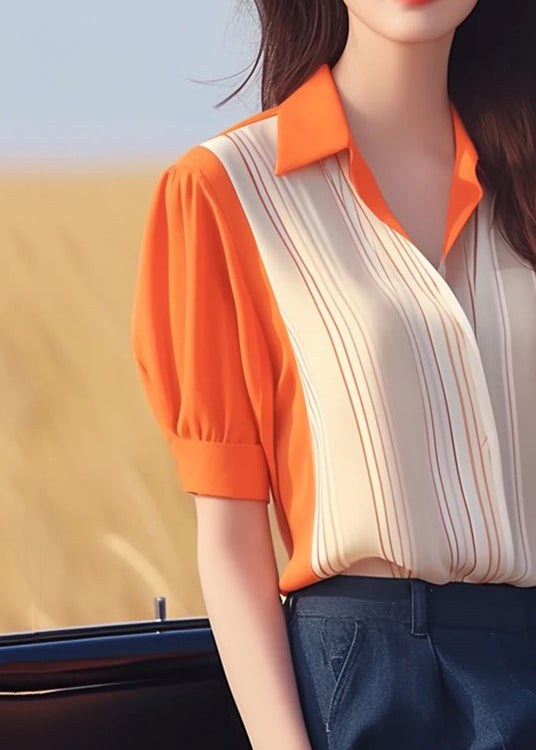 Women Orange Peter Pan Collar Patchwork Chiffon Shirt Summer KJ010 ZS-STP240715