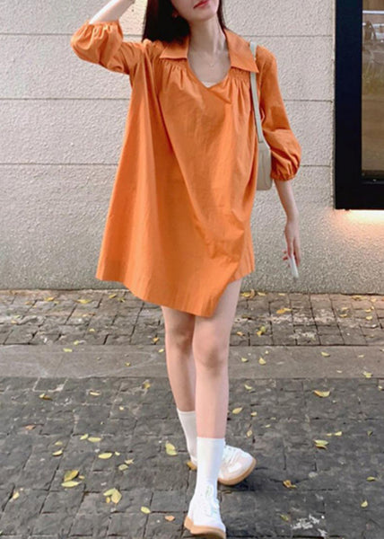 Women Peter Wrinkled Dresses Shirts Orange Cotton Pan Collar FashionChic