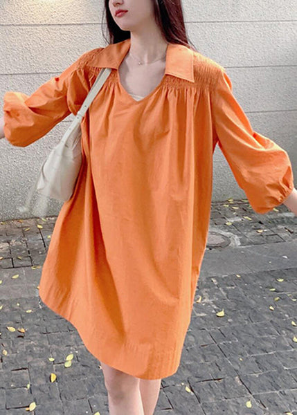 Women Peter Wrinkled Dresses Shirts Orange Cotton Pan Collar FashionChic