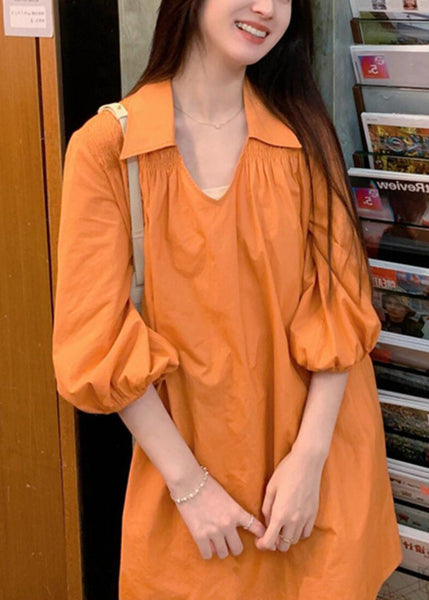 Women Peter Wrinkled Dresses Shirts Orange Cotton Pan Collar FashionChic