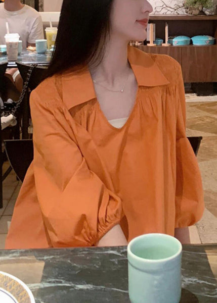 Women Peter Wrinkled Dresses Shirts Orange Cotton Pan Collar FashionChic