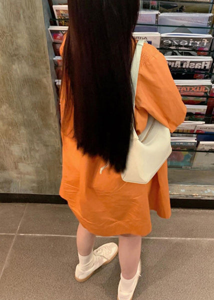 Women Peter Wrinkled Dresses Shirts Orange Cotton Pan Collar FashionChic