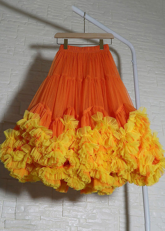 Women Orange Ruffled Patchwork Tulle Skirts Summer YU025 ABC