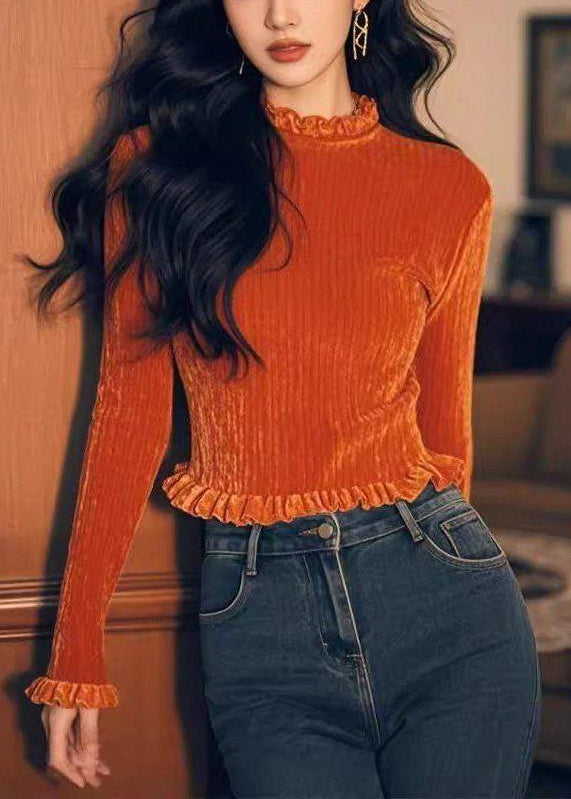 Orange T Velour Spring Ruffled Shirts Solid Silk Women FashionChic