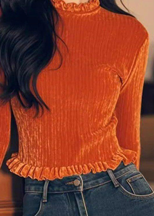 Orange T Velour Spring Ruffled Shirts Solid Silk Women FashionChic