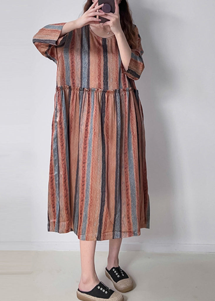 Women Orange Striped Patchwork Silk Cotto Long Dresses Long Sleeve VV073 HS-FDL240627