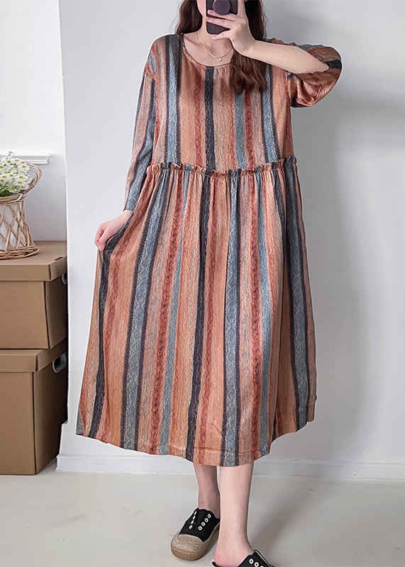 Women Orange Striped Patchwork Silk Cotto Long Dresses Long Sleeve VV073 HS-FDL240627